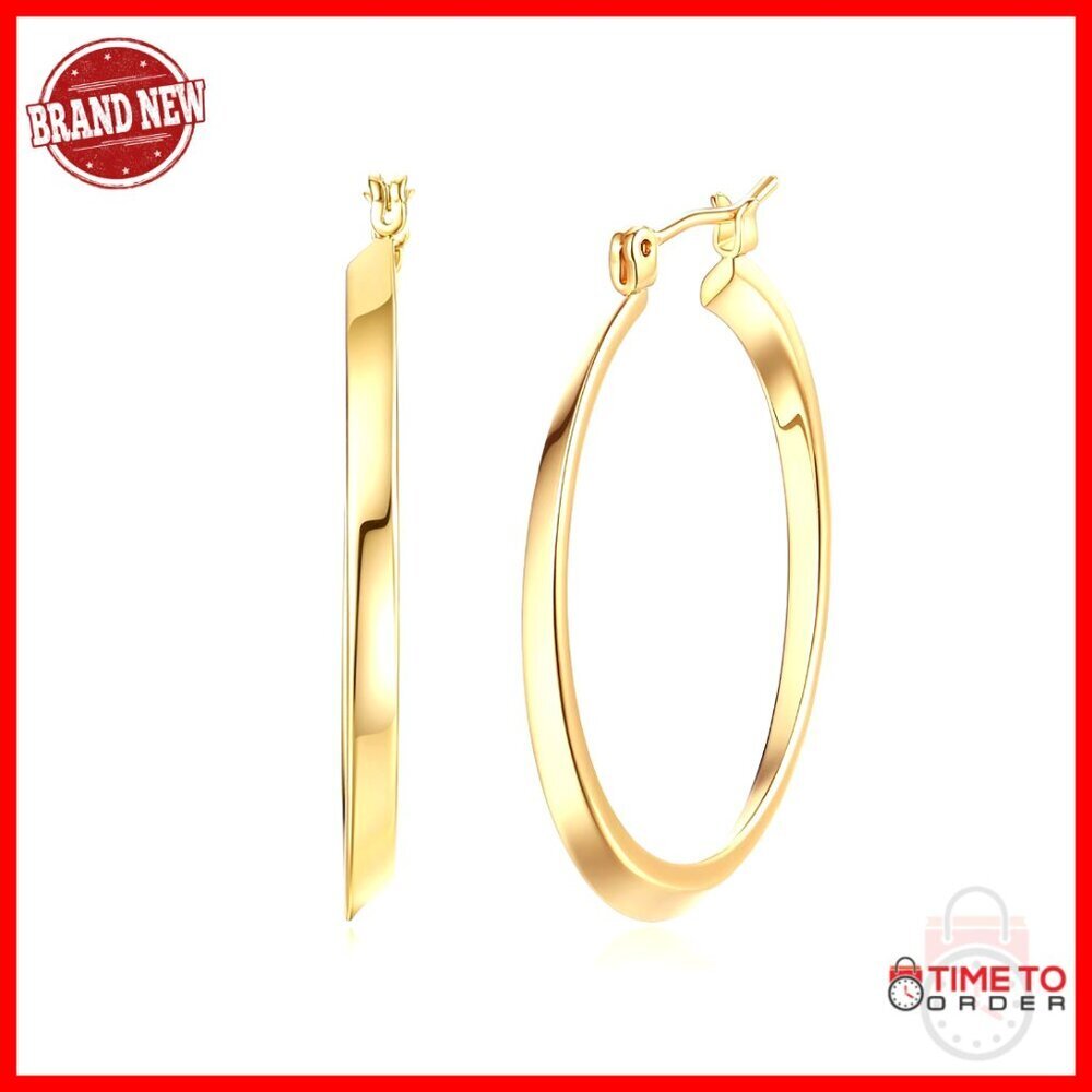 14K Gold Chunky Hoop Earrings 30mm Polished Mesh Engraved Clip Top